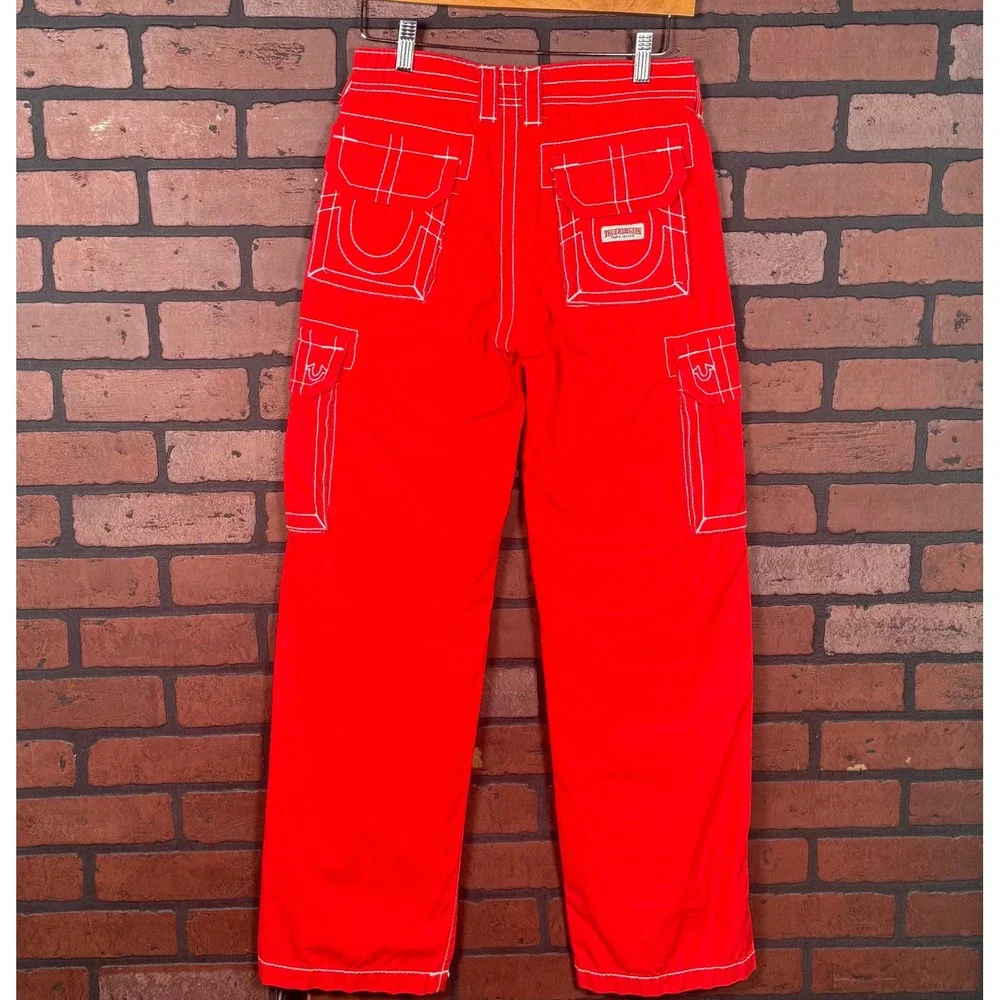 True Religion Cargo Big T Pants Red Military Streetwear Utility Cotton Womens 24